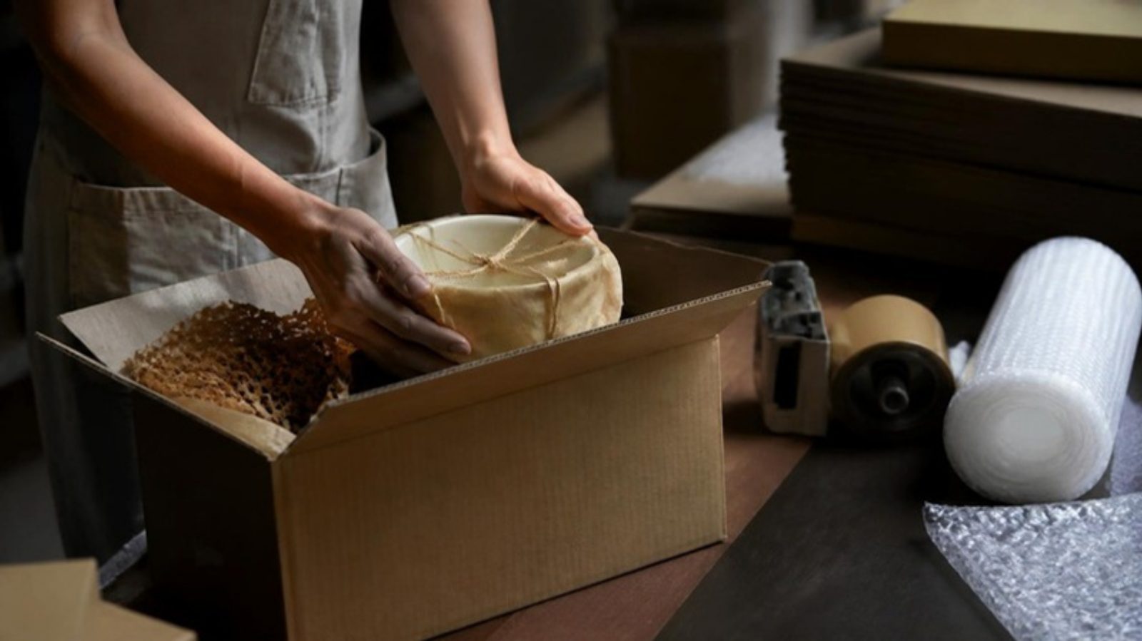 商品を段ボール箱に梱包している手元
